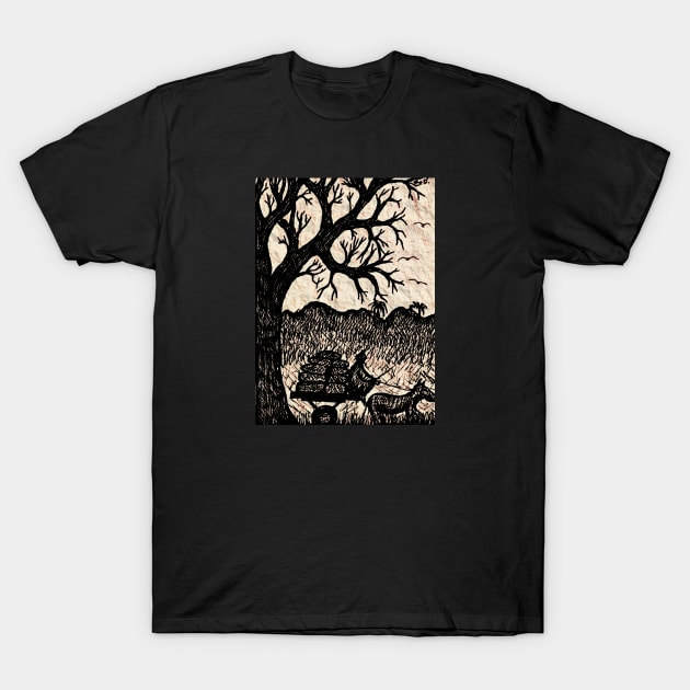 "Borrom Saret" African rural scene original line drawing T-Shirt by Tony Cisse Art Originals